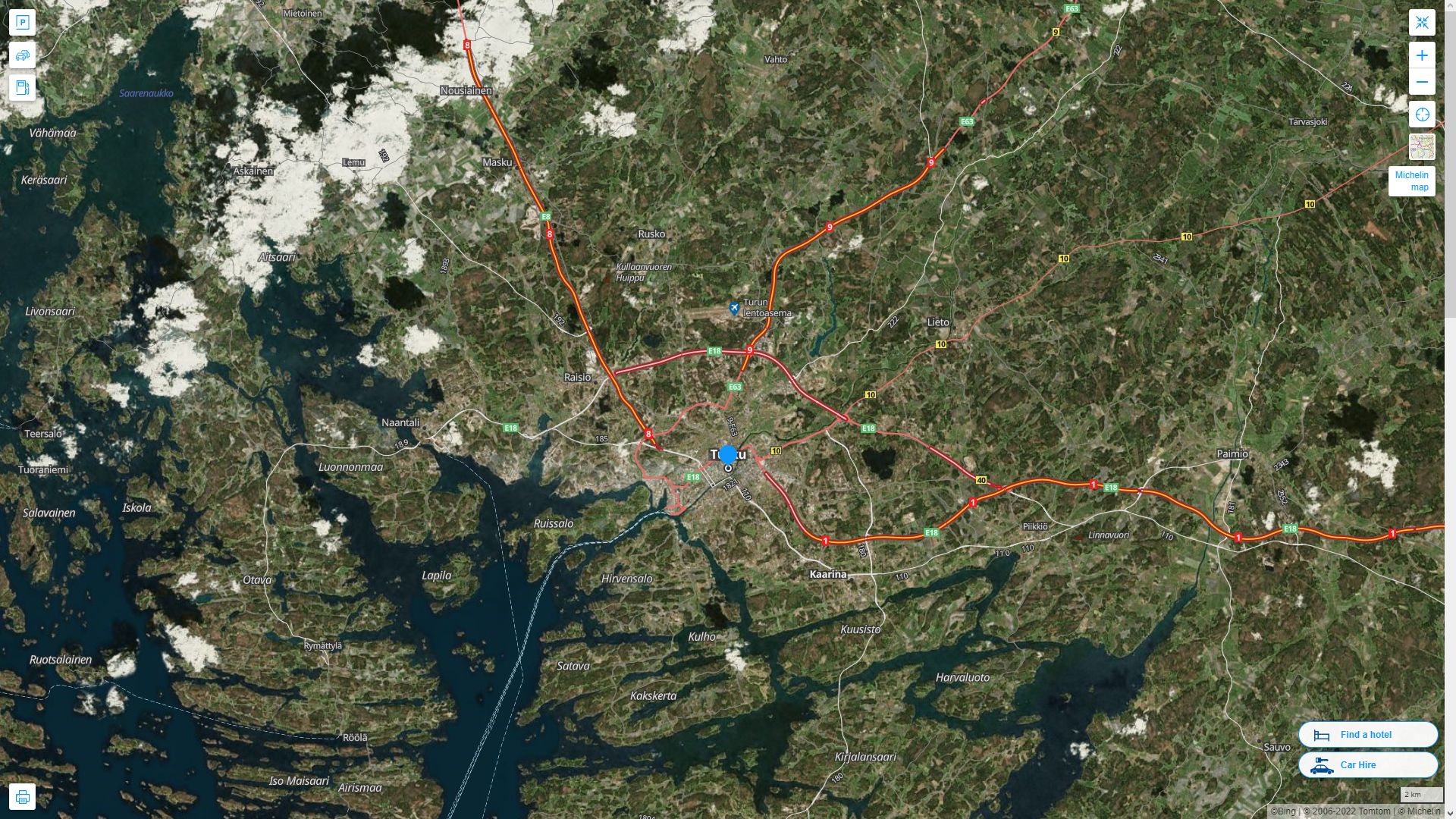 Turku Finlande Autoroute et carte routiere avec vue satellite